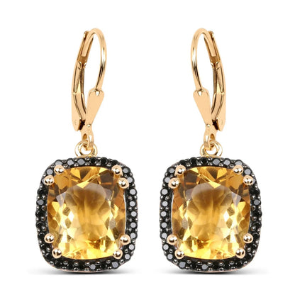8.90 Ct Yellow Citrine & Black Spinel Prong Silver Leverback Dangle Earrings