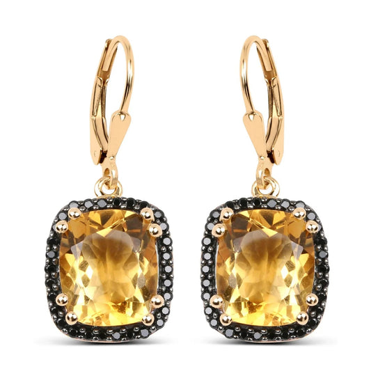 8.90 Ct Yellow Citrine & Black Spinel Prong Silver Leverback Dangle Earrings
