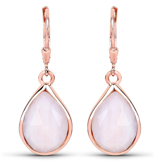 7.60 Ct Pear Pink Opal Bezel 18K Rose Gold Plated Silver Teardrop Dangle Earrings