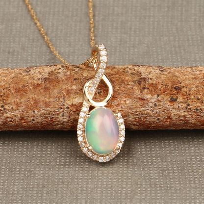 0.48 Ct Oval White Opal & Diamond Prong 14K Gold Plated Silver Crossover Pendant Necklace
