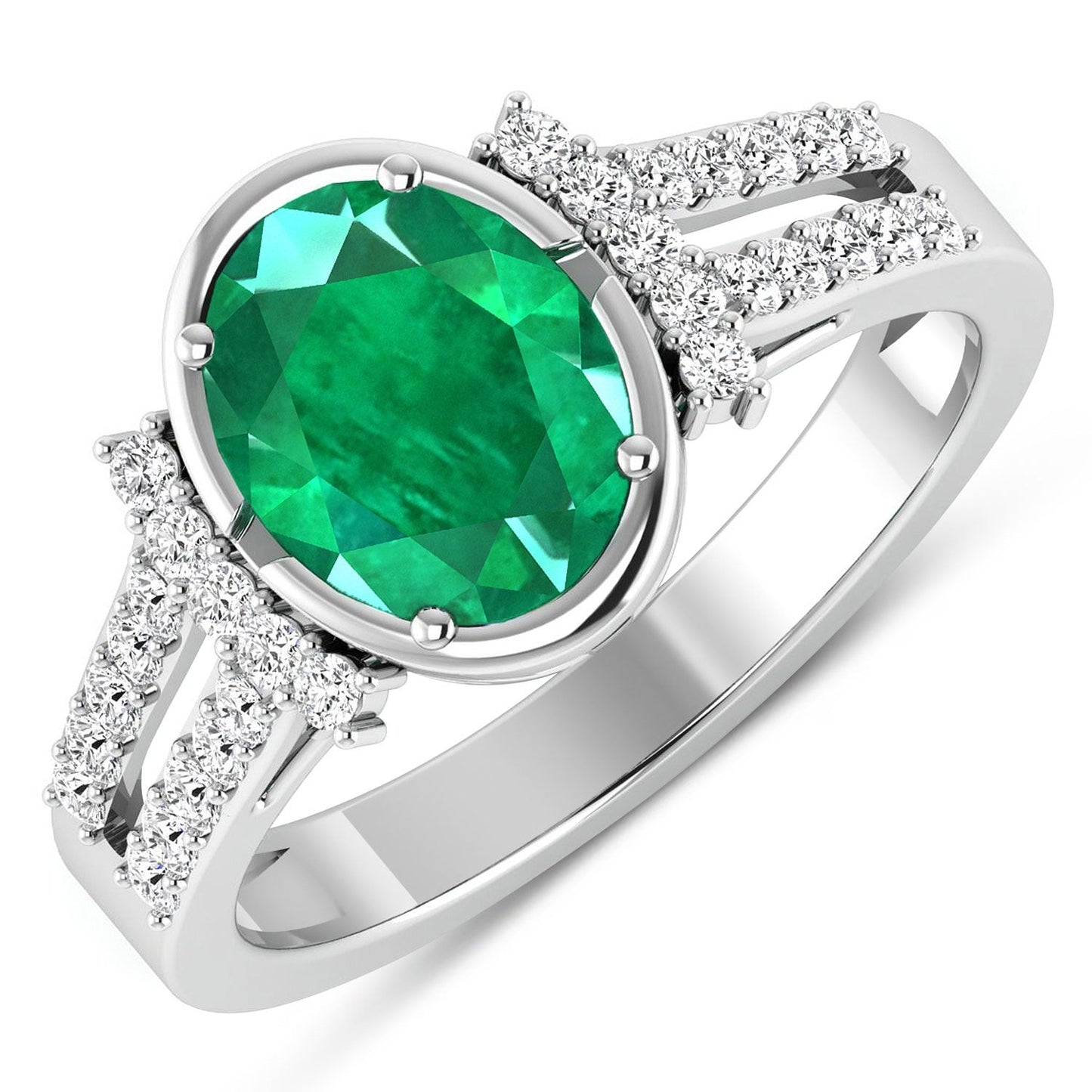 1.53 Ct Oval Green Zambian Emerald & Diamond Prong 14K Gold Bridge Ring