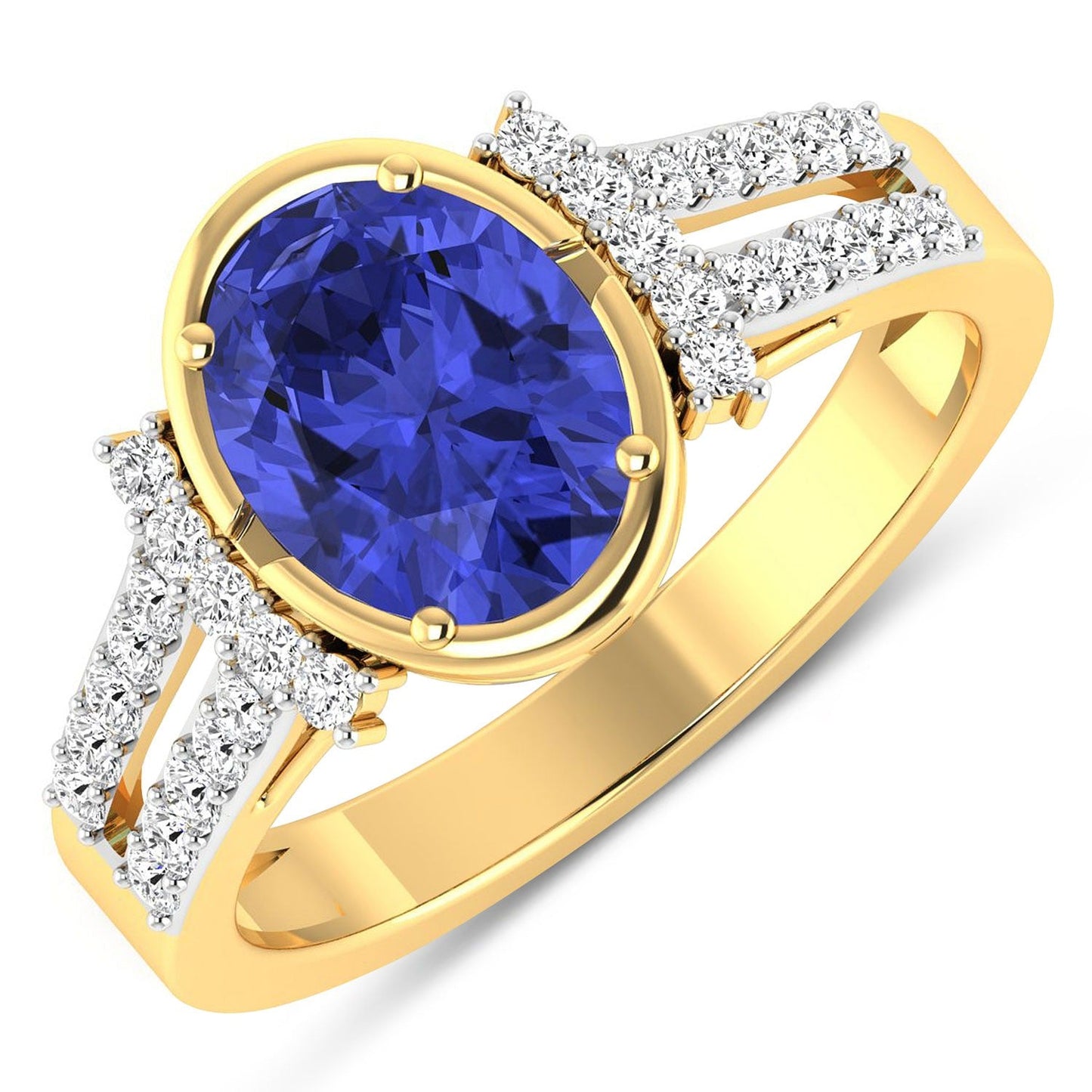1.41 Ct Oval Violet Tanzanite & Lab Diamond Bezel 14K Gold Bridge Ring