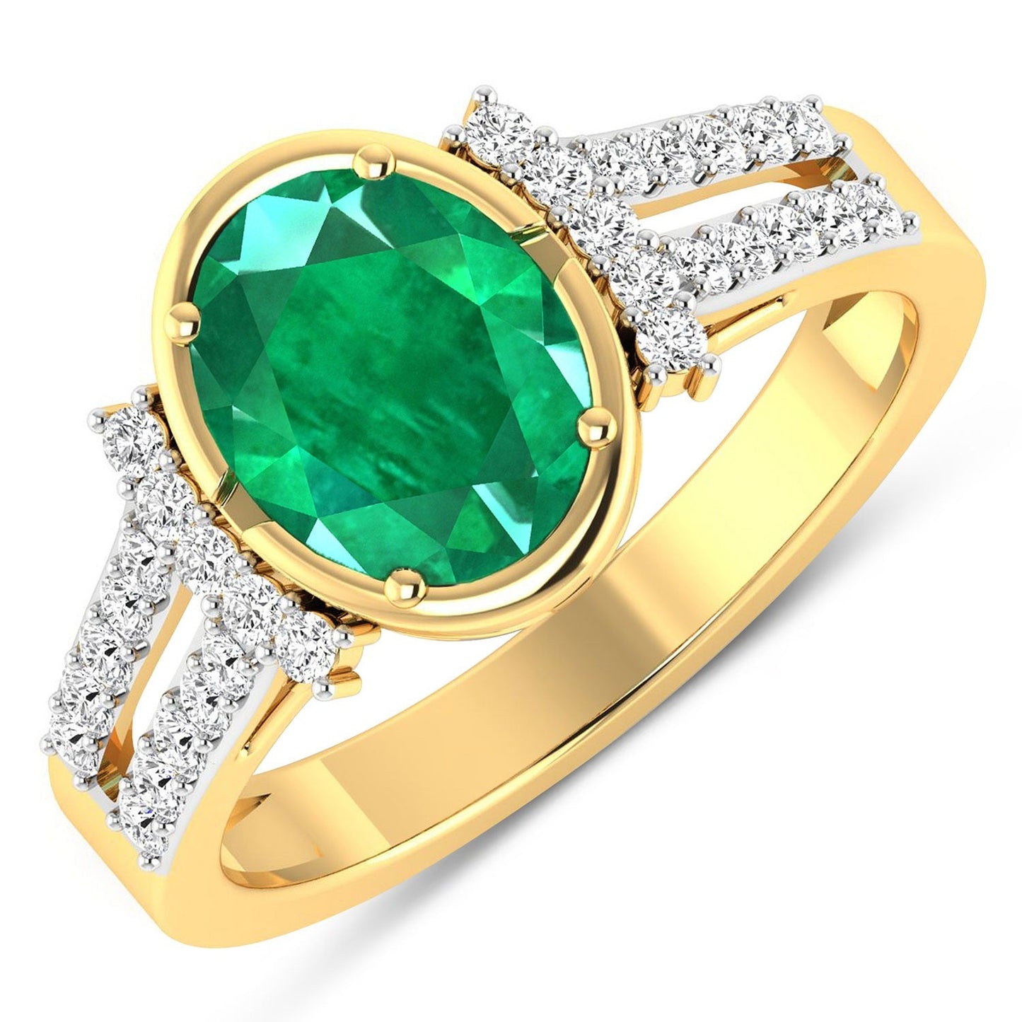 1.53 Ct Oval Green Zambian Emerald & Diamond Prong 14K Gold Bridge Ring