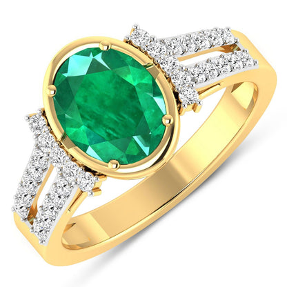 1.53 Ct Oval Green Zambian Emerald & Diamond Prong 14K Gold Bridge Ring
