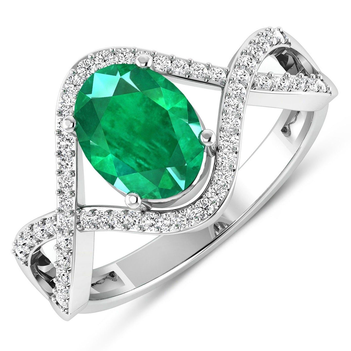 1 Ct Oval Green Zambian Emerald Diamond Prong 14K Gold Crossover Ring