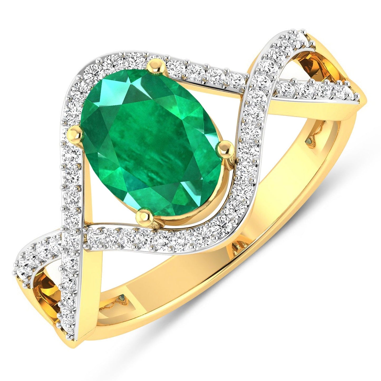 1 Ct Oval Green Zambian Emerald Diamond Prong 14K Gold Crossover Ring