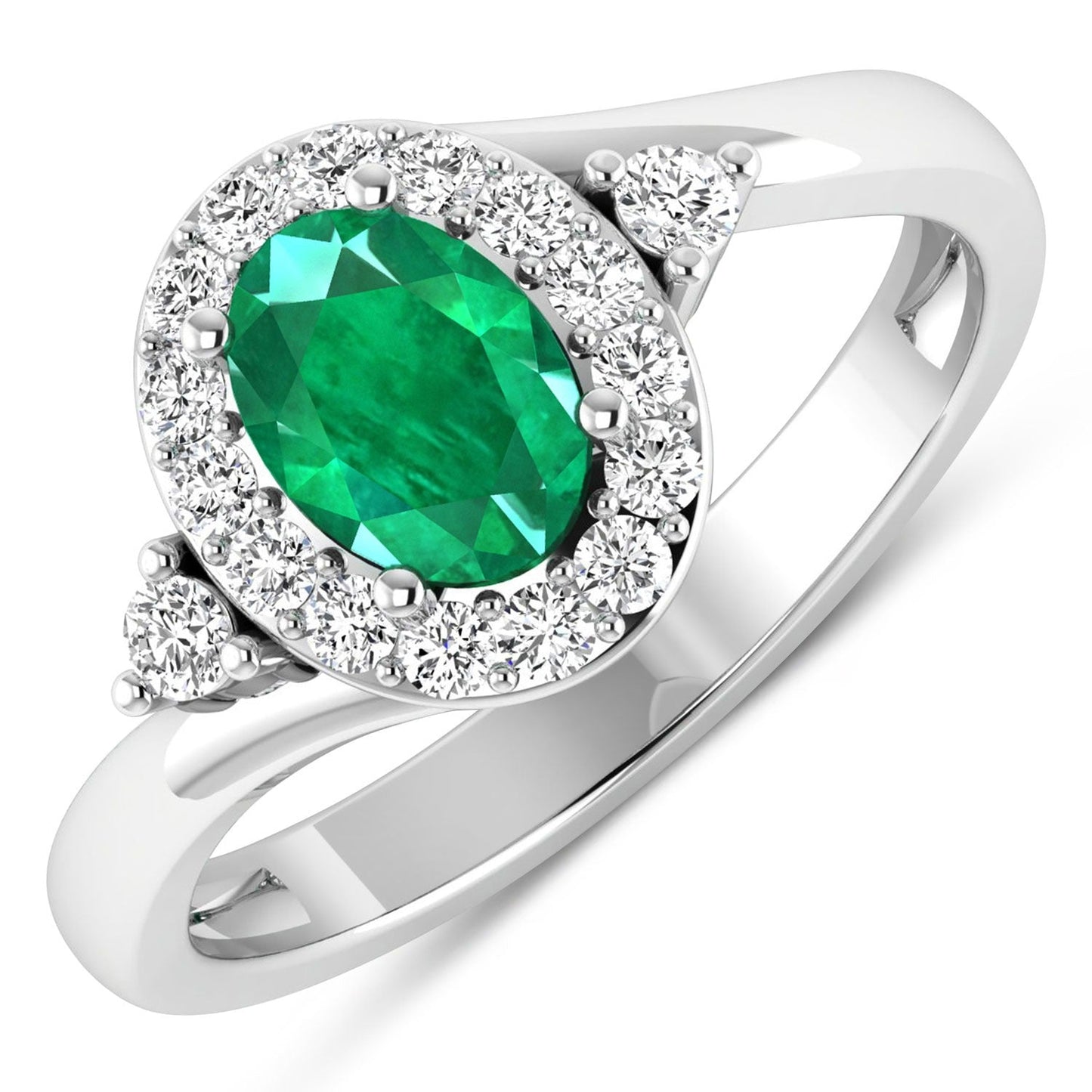 0.70 Ct Oval Green Zambian Emerald & Lab Diamond Prong 14K Gold Bypass Halo Ring