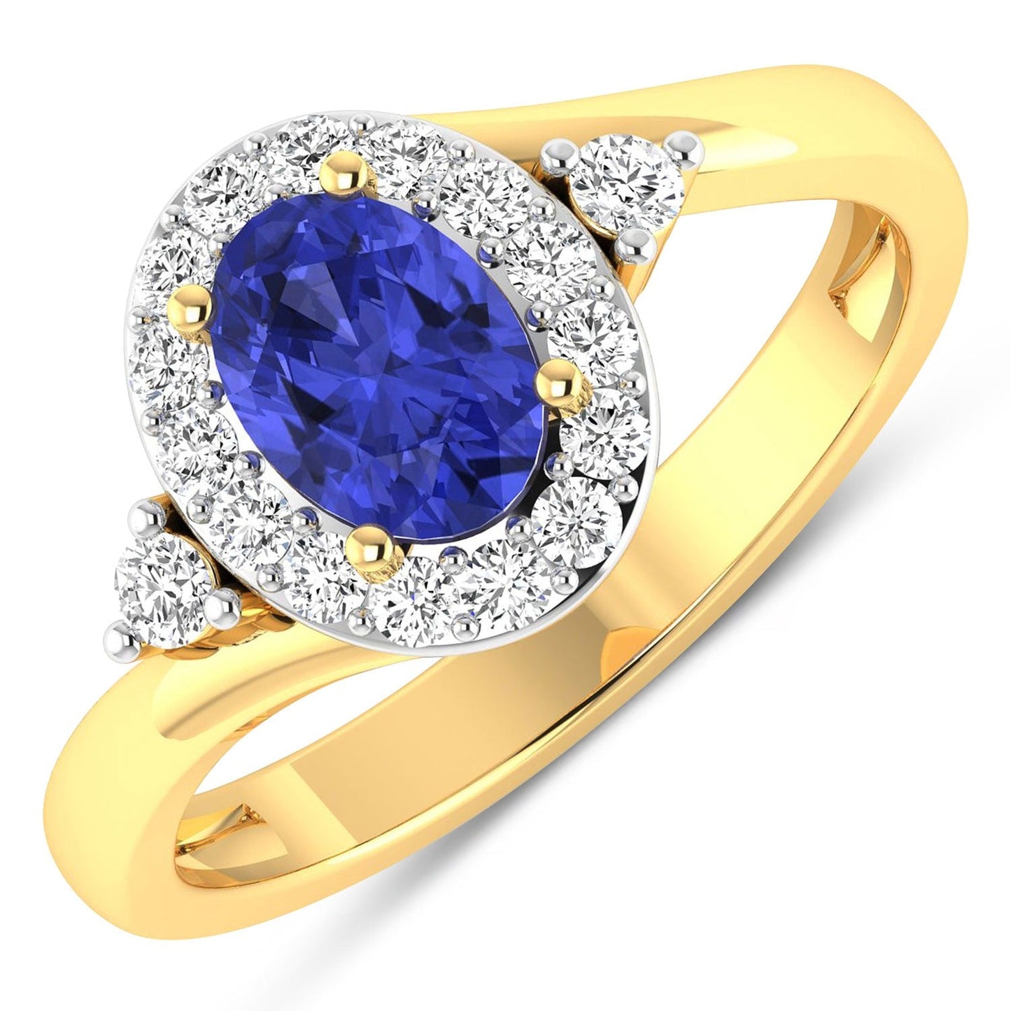 0.75 Ct Oval Violet Tanzanite & Lab Diamond Prong 14K Gold Halo Bypass Ring