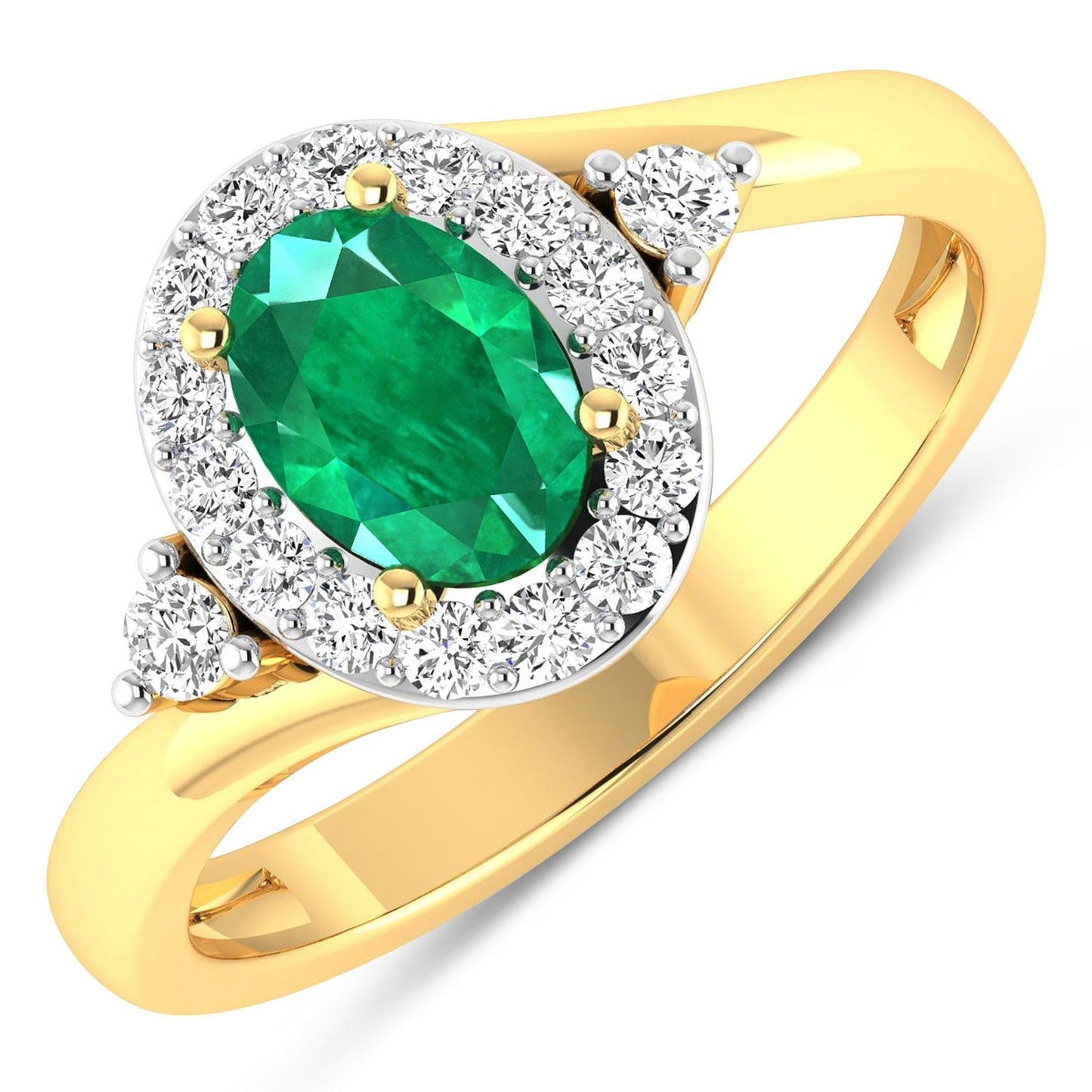 0.70 Ct Oval Green Zambian Emerald & Lab Diamond Prong 14K Gold Bypass Halo Ring