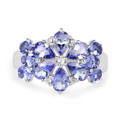 3.36 Ct Pear & Oval Violet Tanzanite Prong Rhodium Plated Silver Floral Cluster Ring