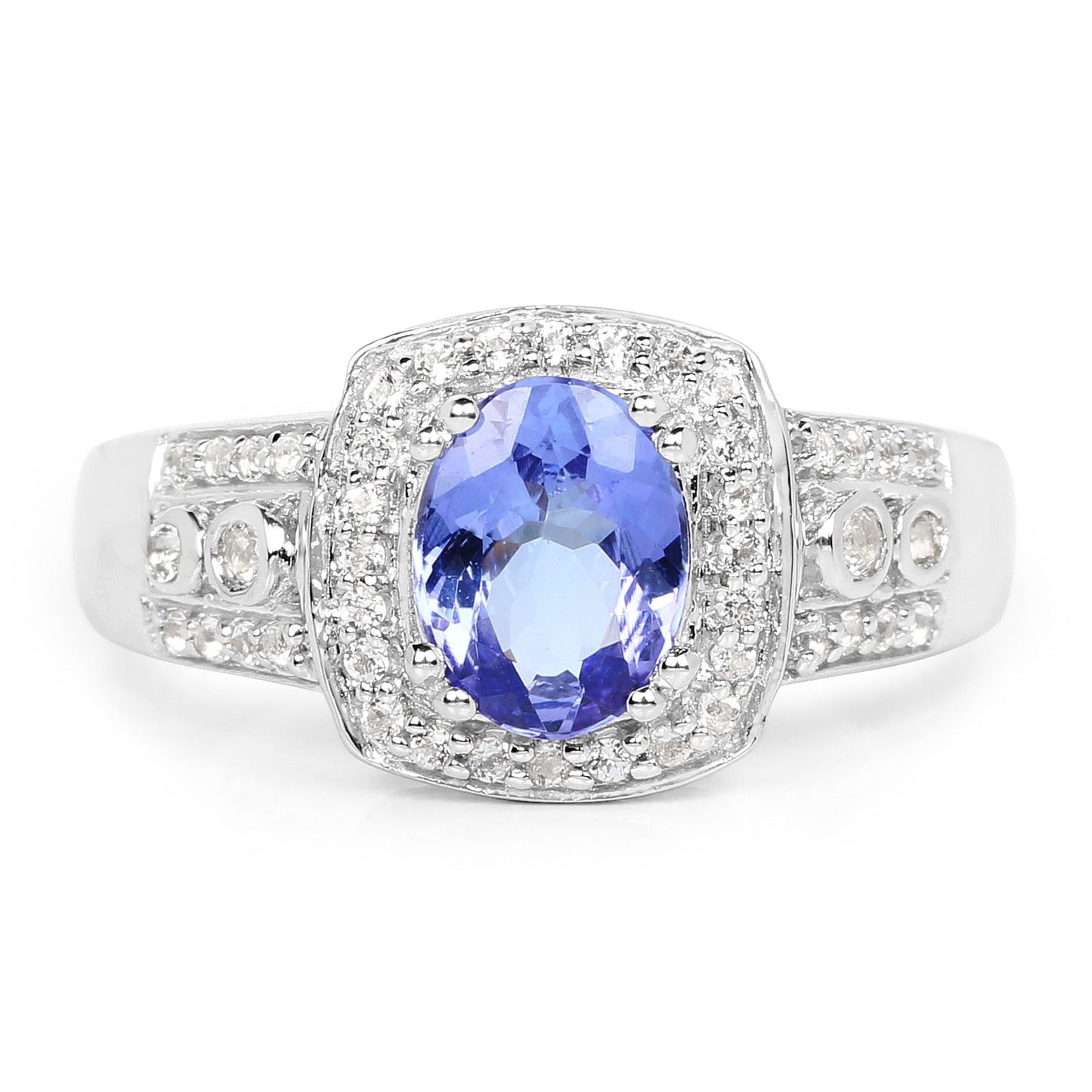 1.42 Ct Oval Violet Tanzanite Prong Silver Pave Halo Statement Ring