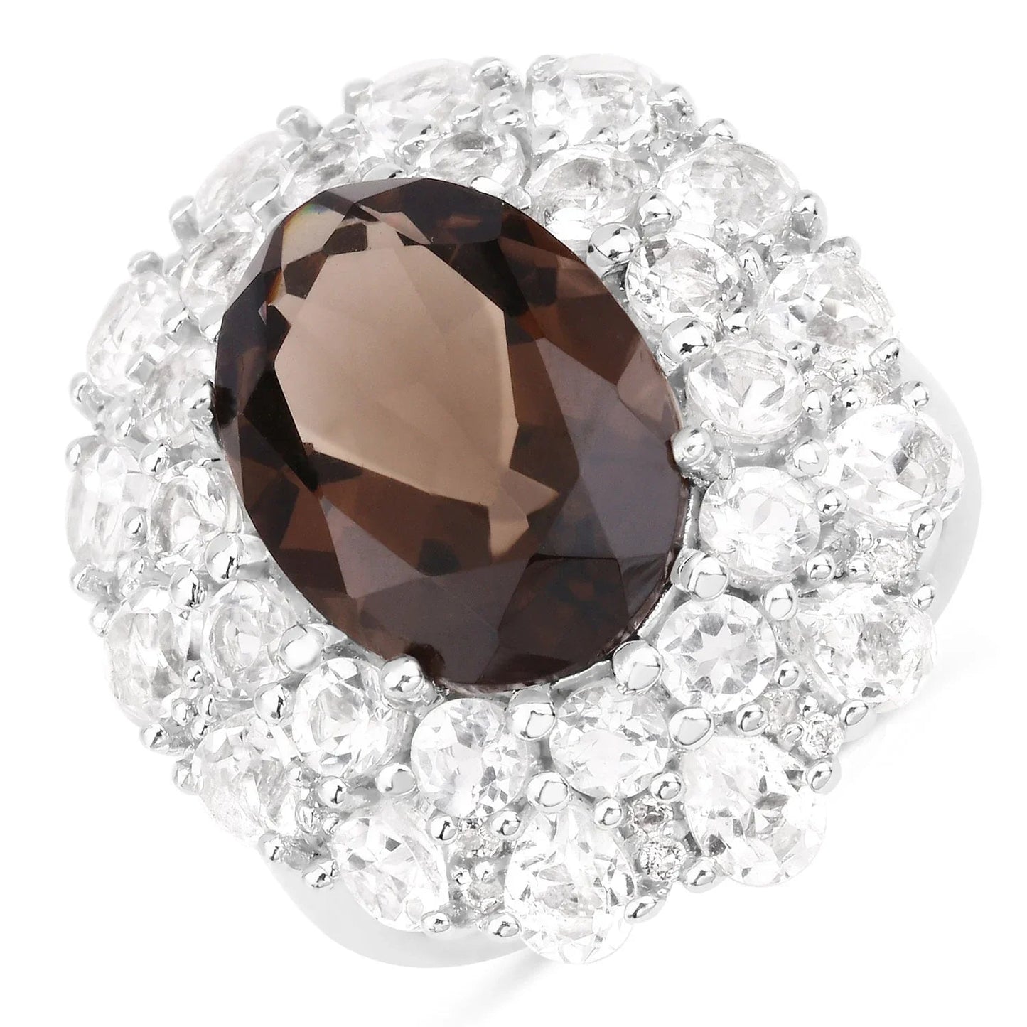 9.29 Ct Oval Brown Smokey Quartz Prong Sterling Silver Double Halo Ring