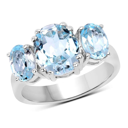 4.45 Ct Oval Blue Topaz Prong Sterling Silver Three Stone Ring