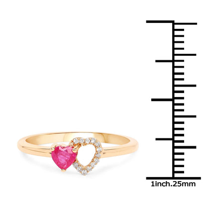 0.27 Ct Heart Pink Ruby & Diamond Prong 10K Yellow Gold Pave Double Heart Ring