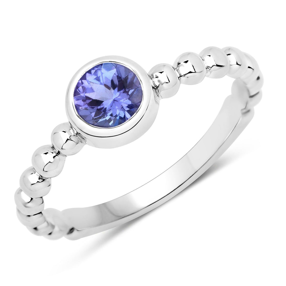 0.47 Cttw Round Violet Tanzanite Bezel Rhodium over Silver Solitaire Beaded Ring