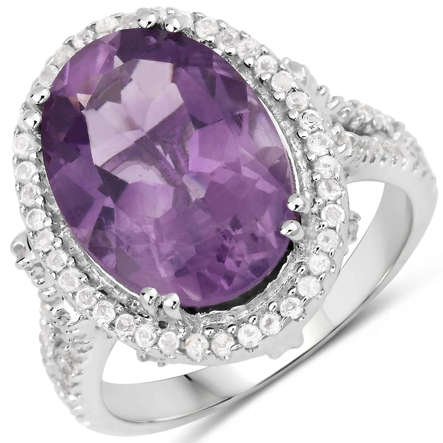 5.55 Ct Oval Purple Amethyst and White Topaz Prong Silver Halo Statement Ring