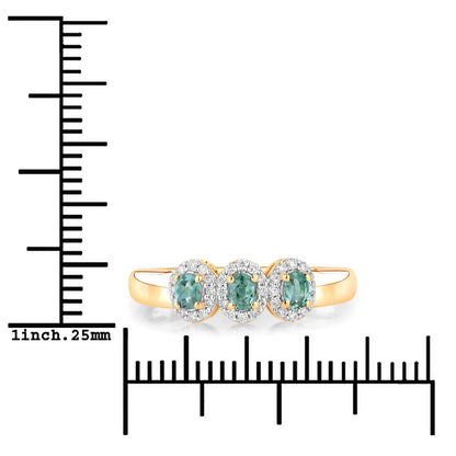 0.46 Ct Green Genuine Alexandrite and Diamond 18K Yellow Gold Three Stone Halo Ring