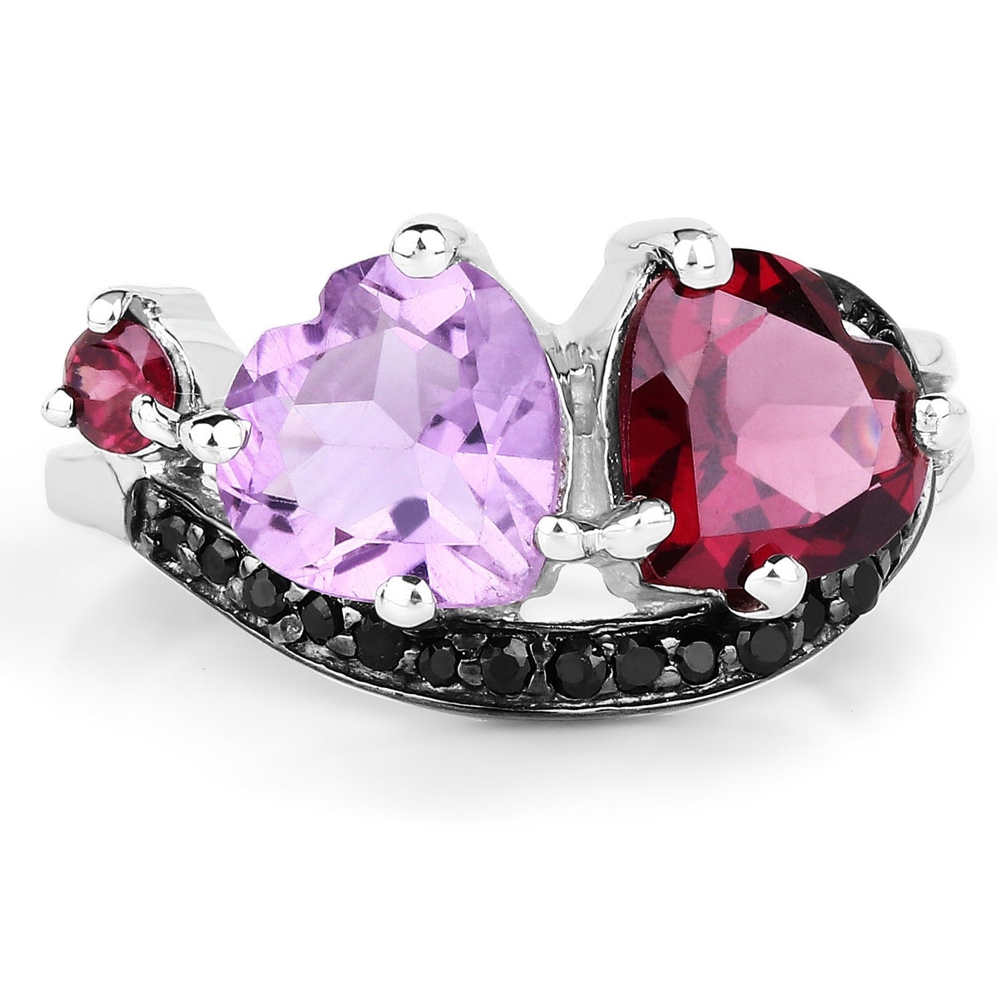 4.07 Ct Heart Purple Amethyst & Rhodolite Prong Silver Pave Toi et Moi Cocktail Ring