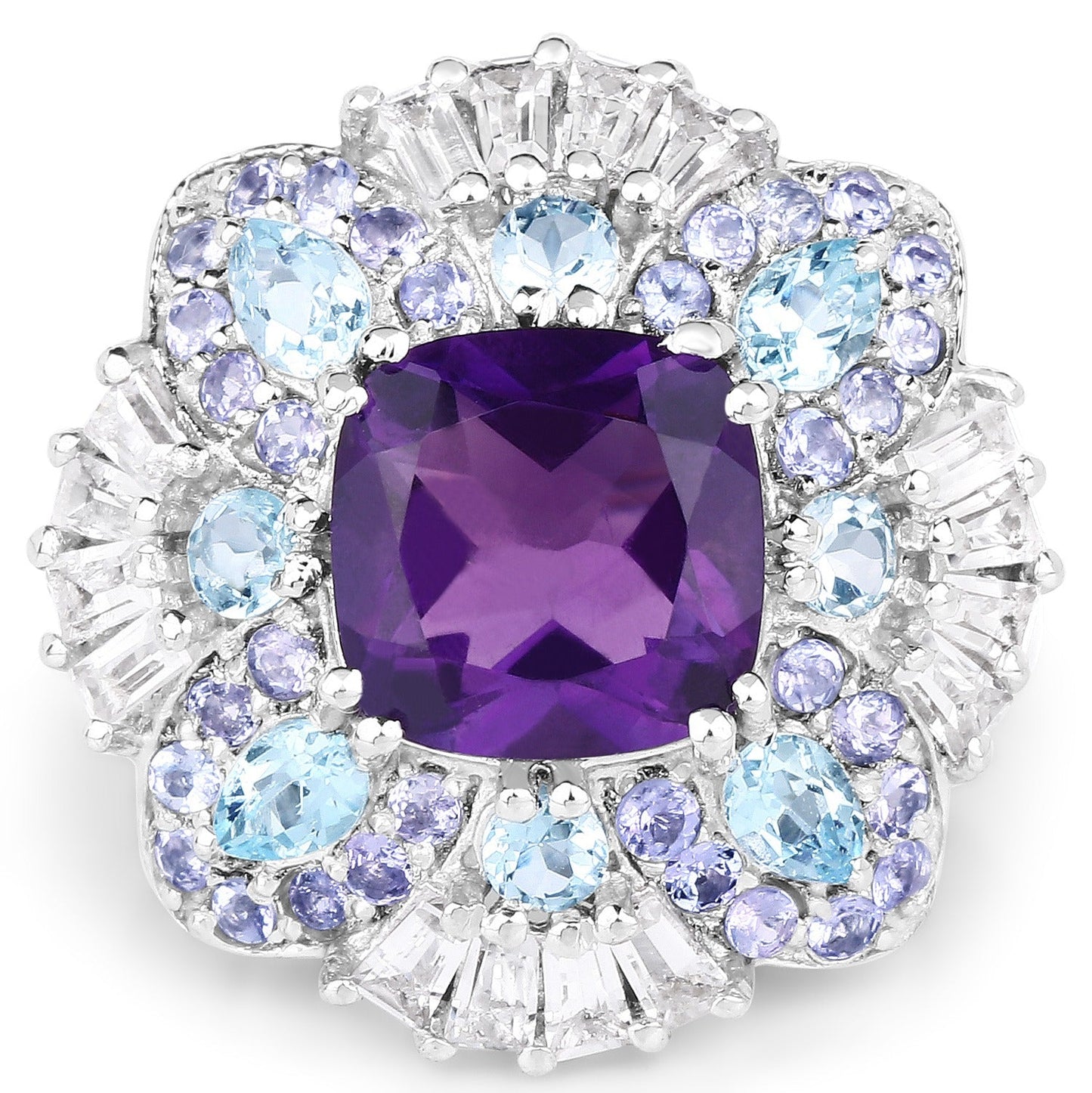 8.38 Ct Cushion Purple Amethyst Prong Sterling Silver Cluster Halo Cocktail Ring