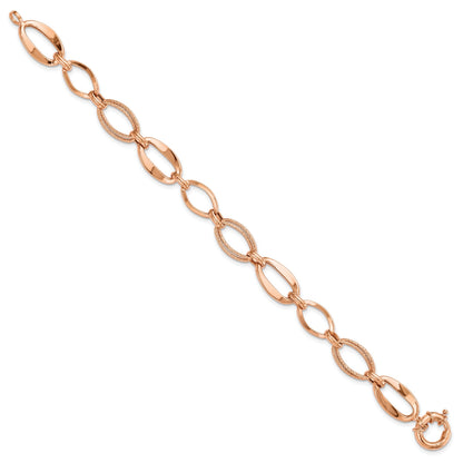 10K Rose Gold Textured & Polished Open Marquise Link Spring Ring Chain Bracelet