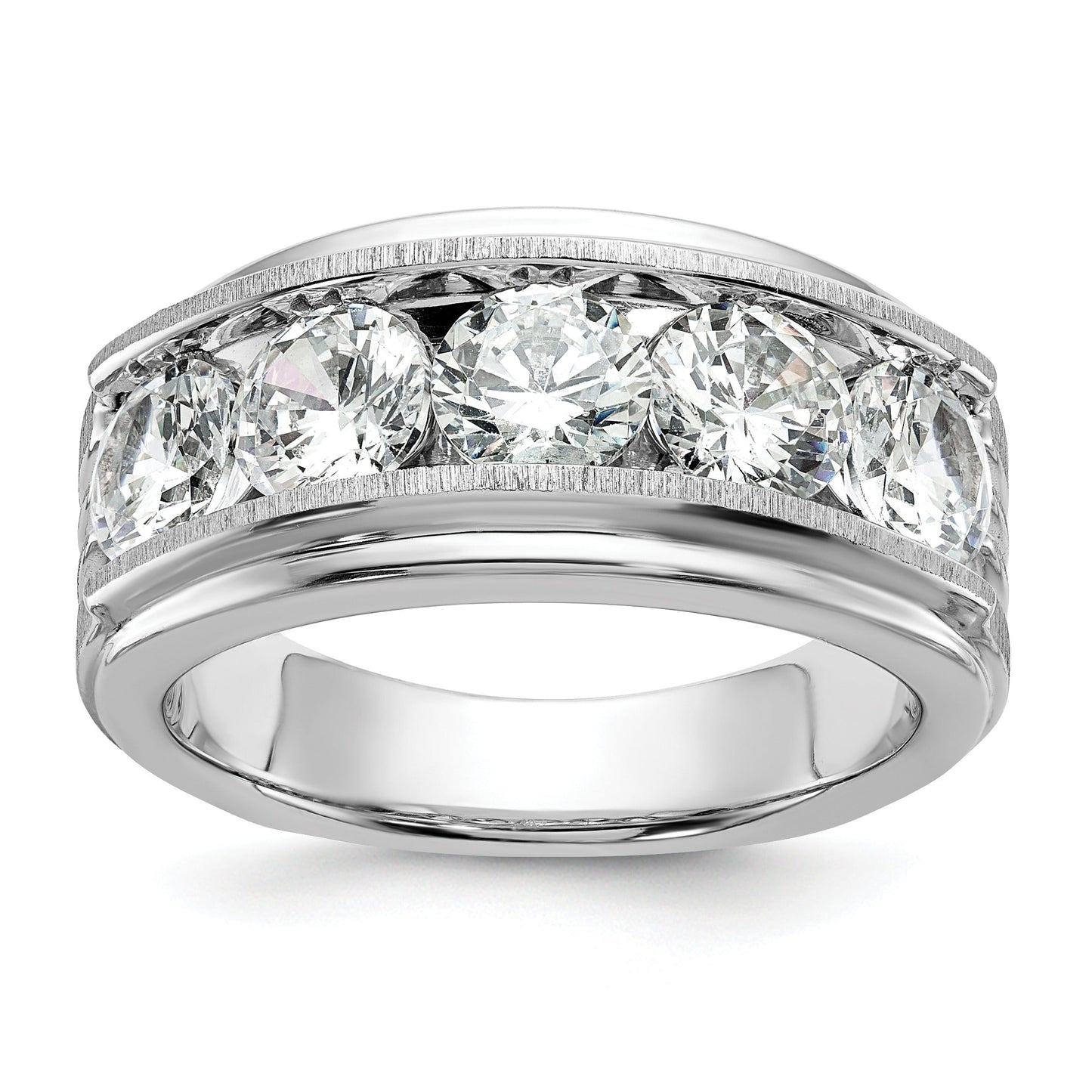 3.5 ct Lab Grown Diamond Five Stone Brushed and Grooved Men's Ring 14k White Gold