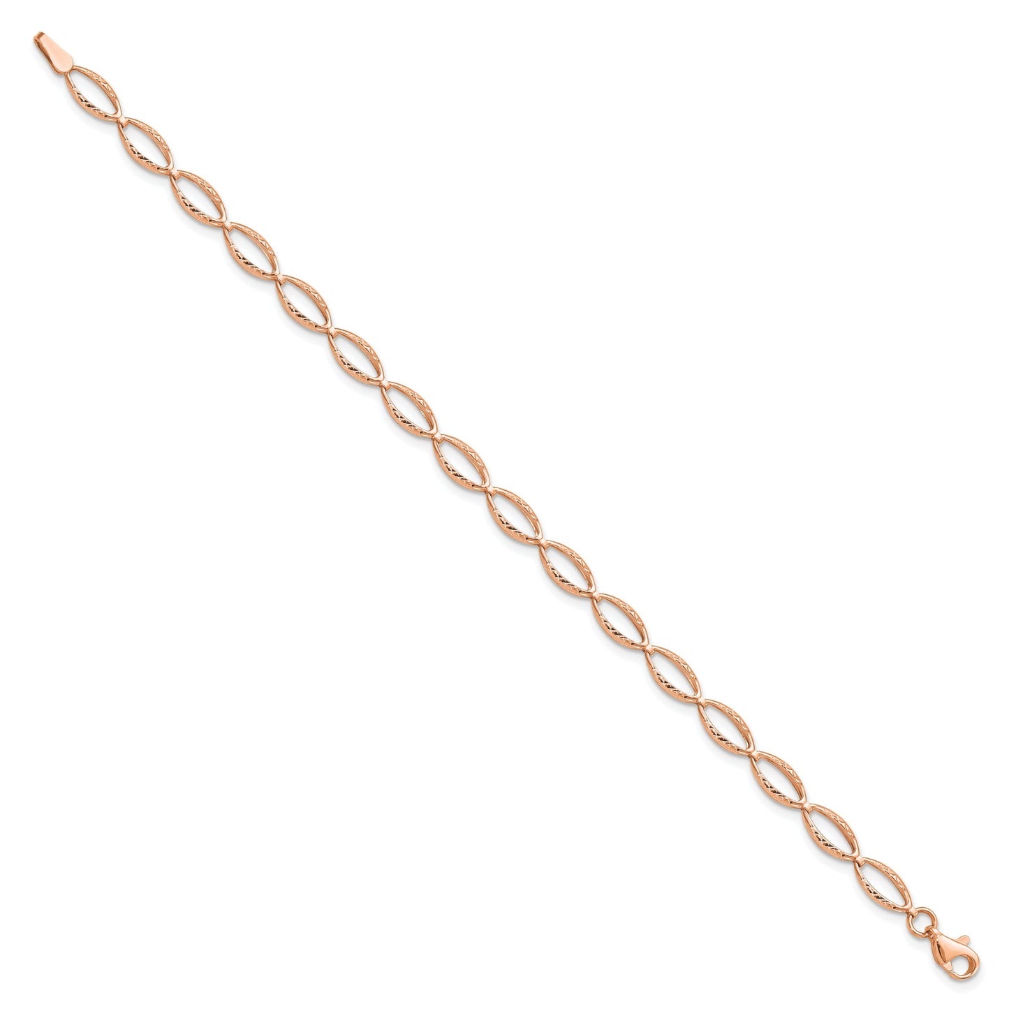 14k Rose Gold Diamond-Cut Open Marquise Fancy Link Lobster Clasp Chain Bracelet