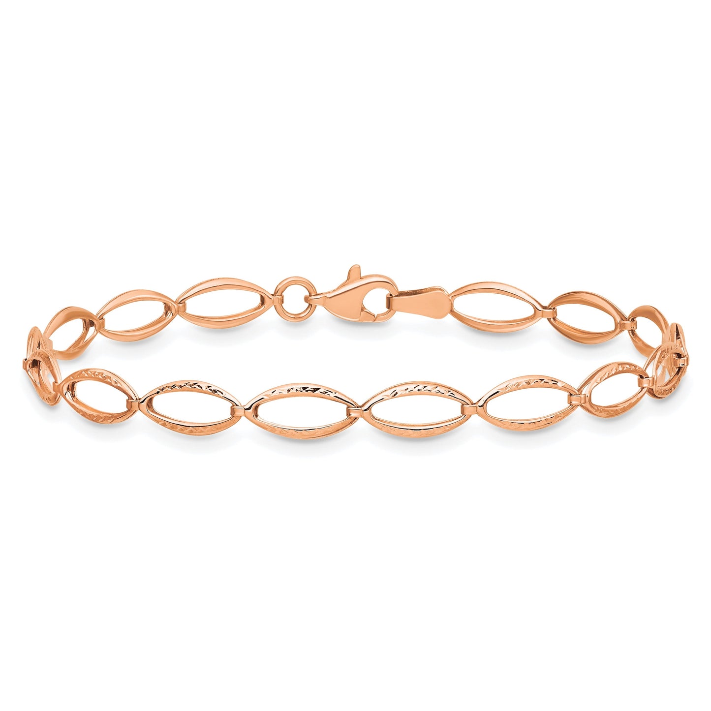 14k Rose Gold Diamond-Cut Open Marquise Fancy Link Lobster Clasp Chain Bracelet