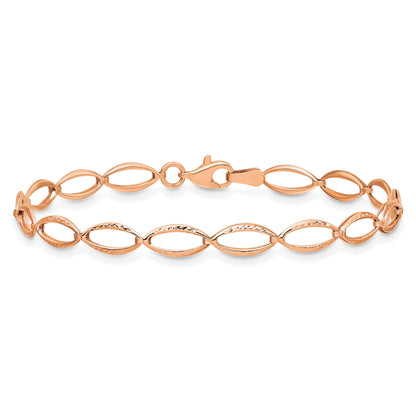 14k Rose Gold Diamond-Cut Open Marquise Fancy Link Lobster Clasp Chain Bracelet