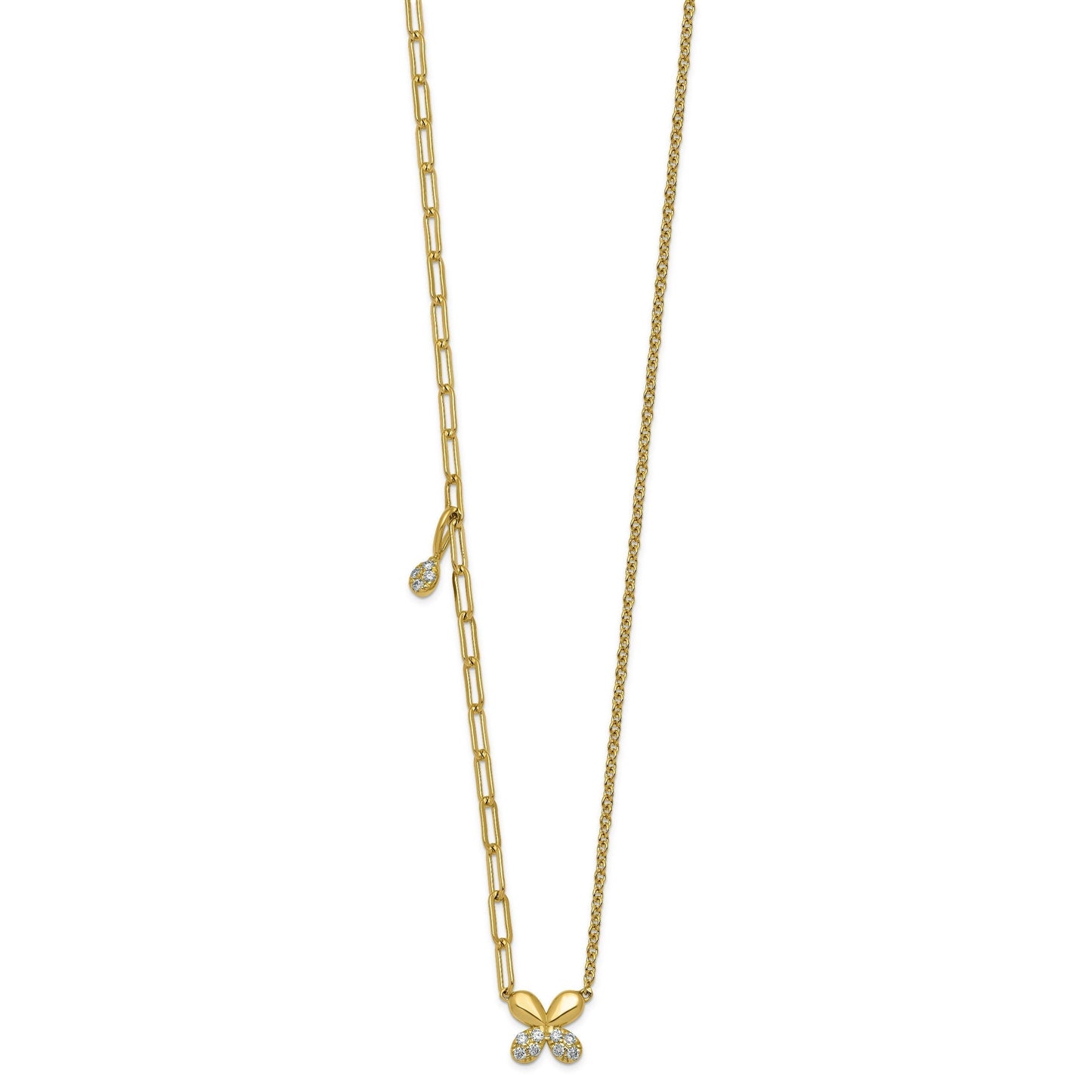 0.13 Ct Lab Diamond Pave 14K Yellow Gold Butterfly Paperclip cable Chain Necklace