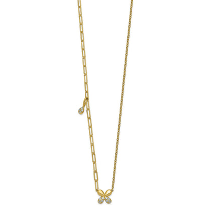 0.13 Ct Lab Diamond Pave 14K Yellow Gold Butterfly Paperclip cable Chain Necklace