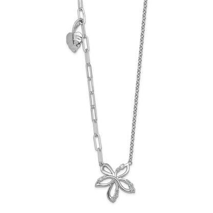 0.12 Ct Round White Lab Grown Diamond Prong 14K White Gold Flower & Heart Paperclip Cable Chain Necklace