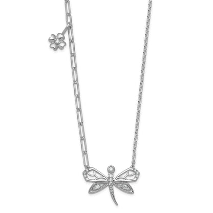 0.18 Ct Round White Lab Diamond Prong 14K White Gold Dragonfly & Floral Charm Paperclip Cable Chain Necklace