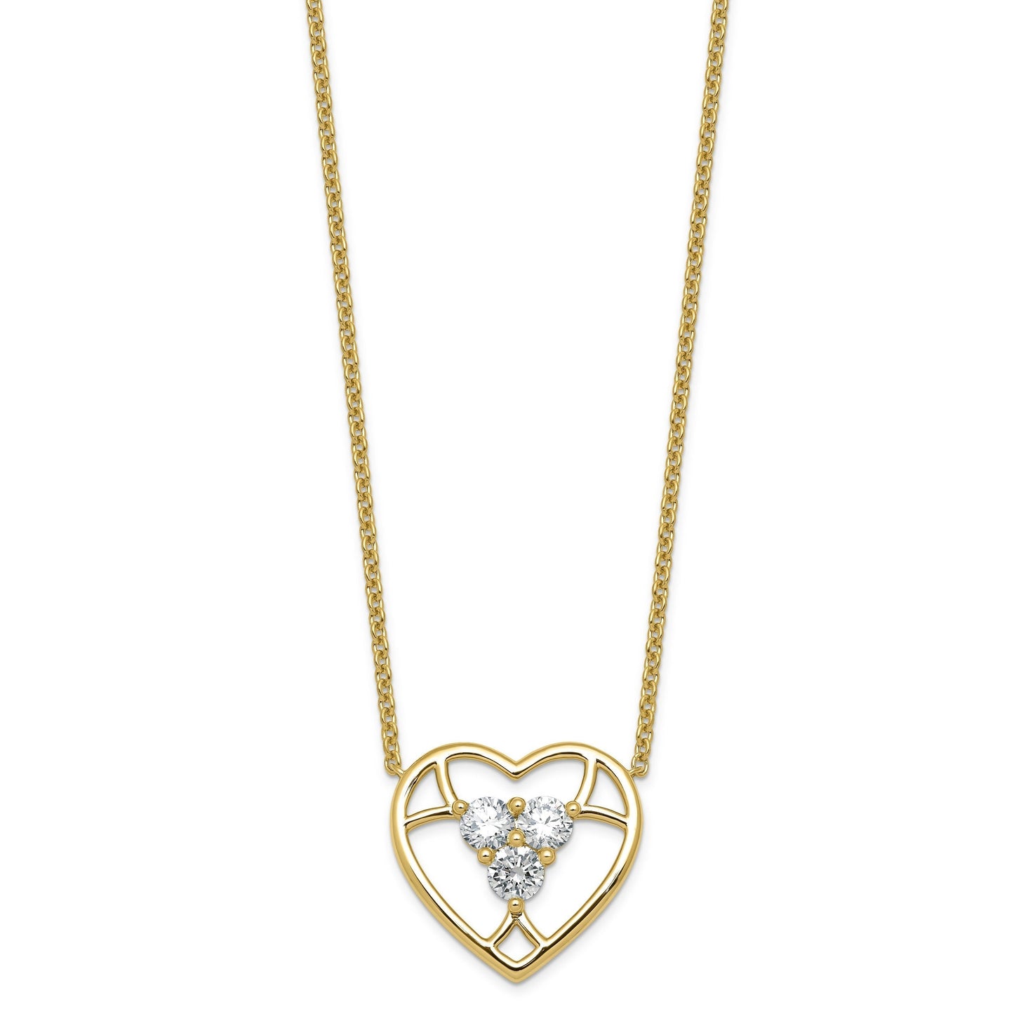 Round White Lab Grown Diamond Prong 14k Yellow Gold 3 Stone Open Heart Necklace