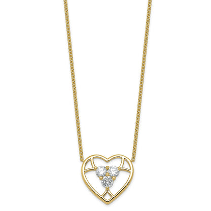 Round White Lab Grown Diamond Prong 14k Yellow Gold 3 Stone Open Heart Necklace