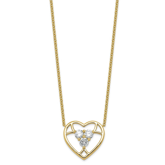 Round White Lab Grown Diamond Prong 14k Yellow Gold 3 Stone Open Heart Necklace
