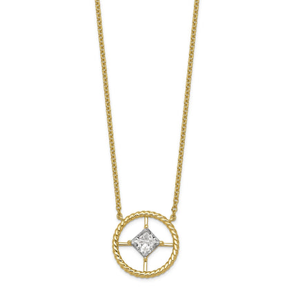 Princess White Lab Diamond Prong 14K Yellow Gold Compass Rose Medallion Cable Chain Necklace