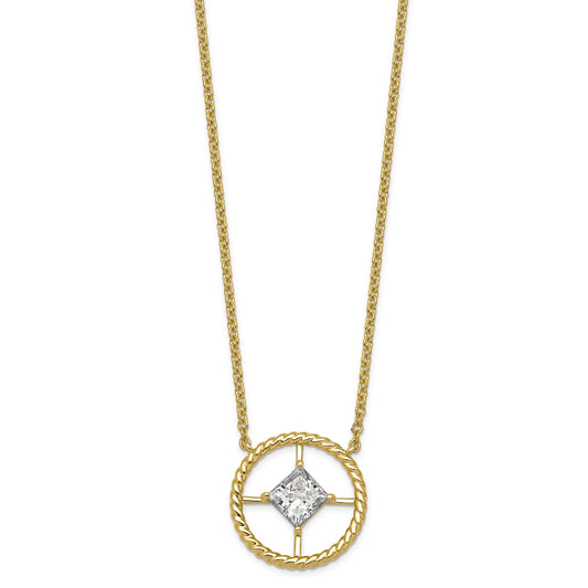 Princess White Lab Diamond Prong 14K Yellow Gold Compass Rose Medallion Cable Chain Necklace