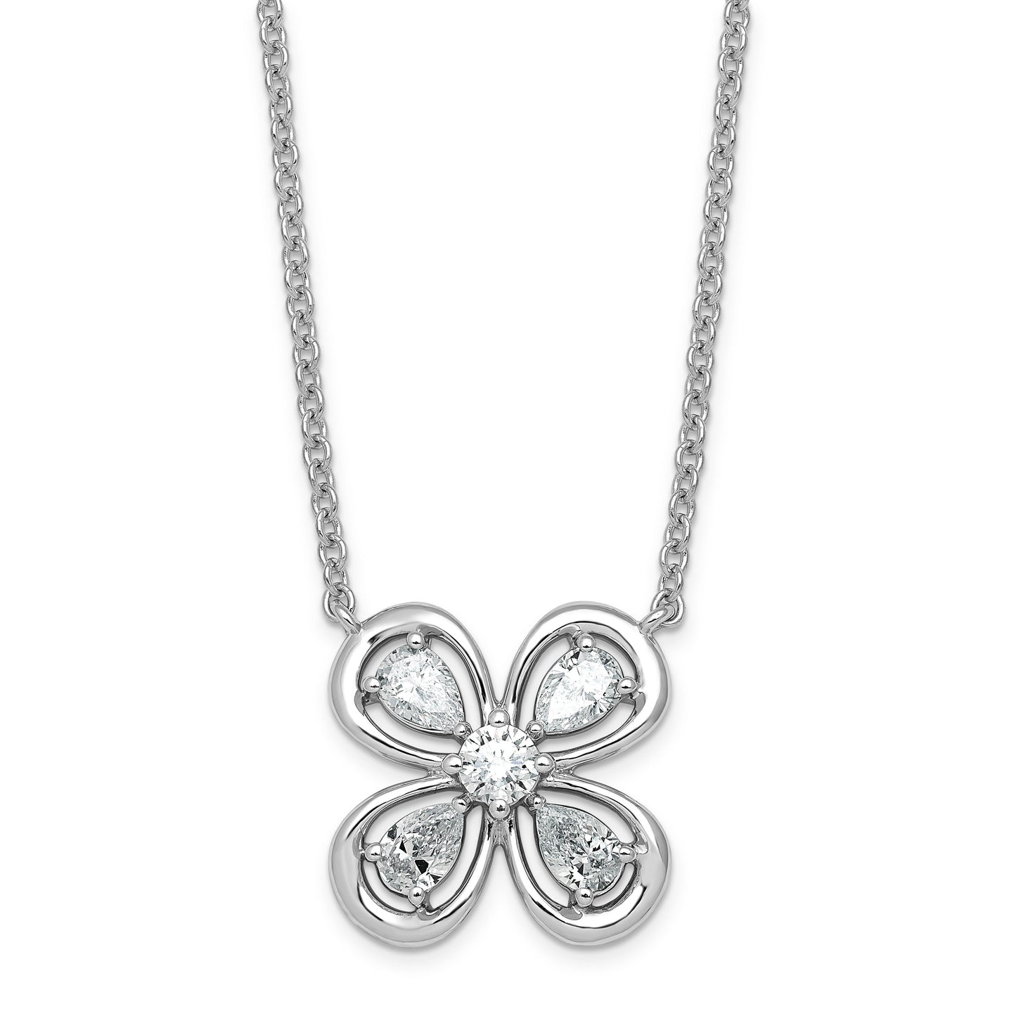 0.76 CT Pear White Lab Diamond Prong 14k White Gold Four Petal Flower Pendant Necklace