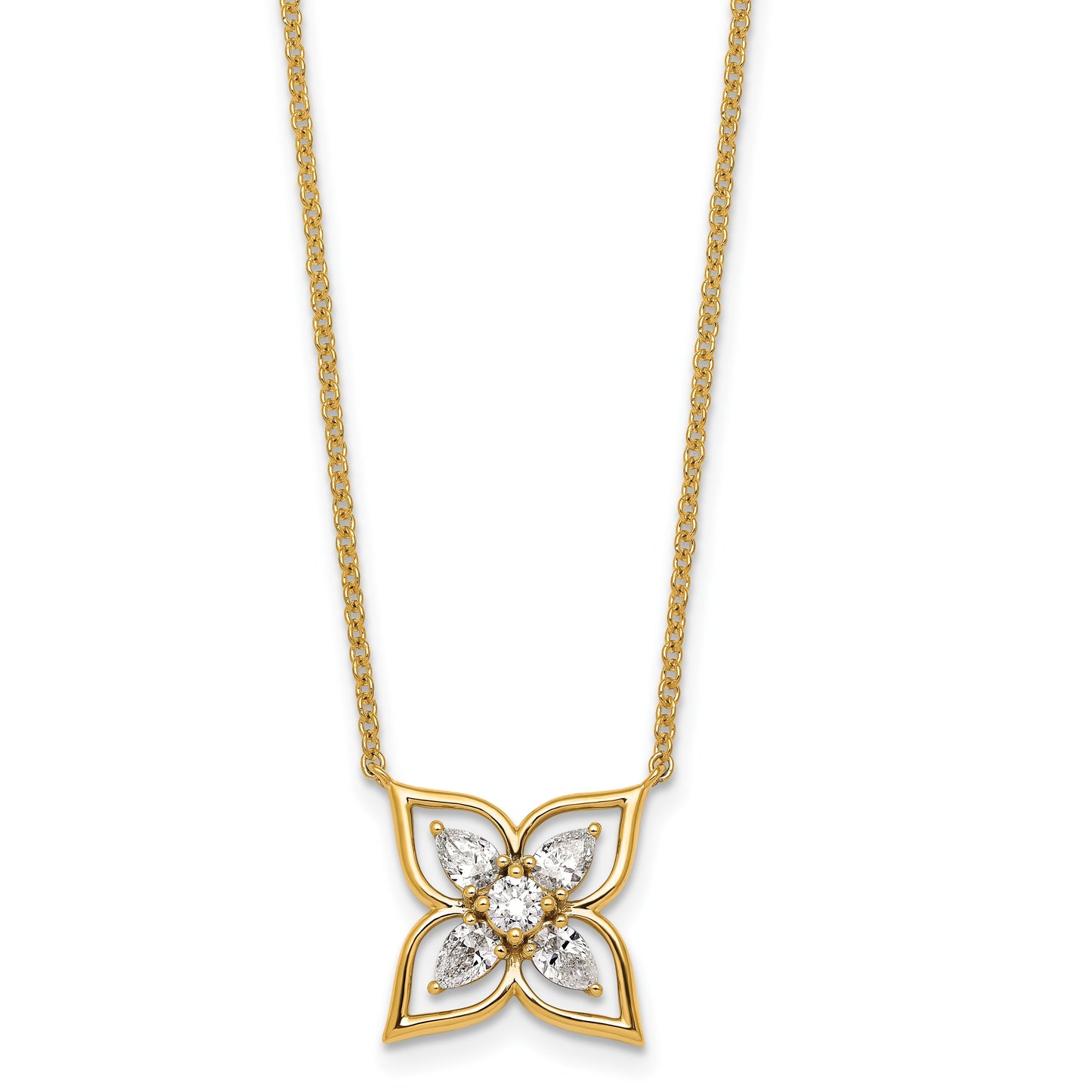 0.78CT Pear White Lab Grown Diamond Prong 14k Yellow Gold Flower Clover Pendant Fashion Necklace
