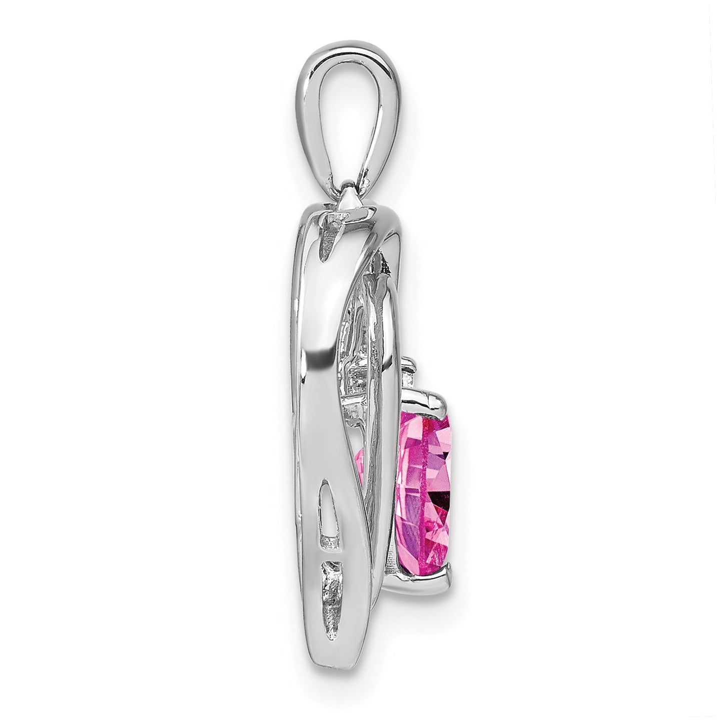 Created Pink Sapphire Diamond Heart Pendant Silver
