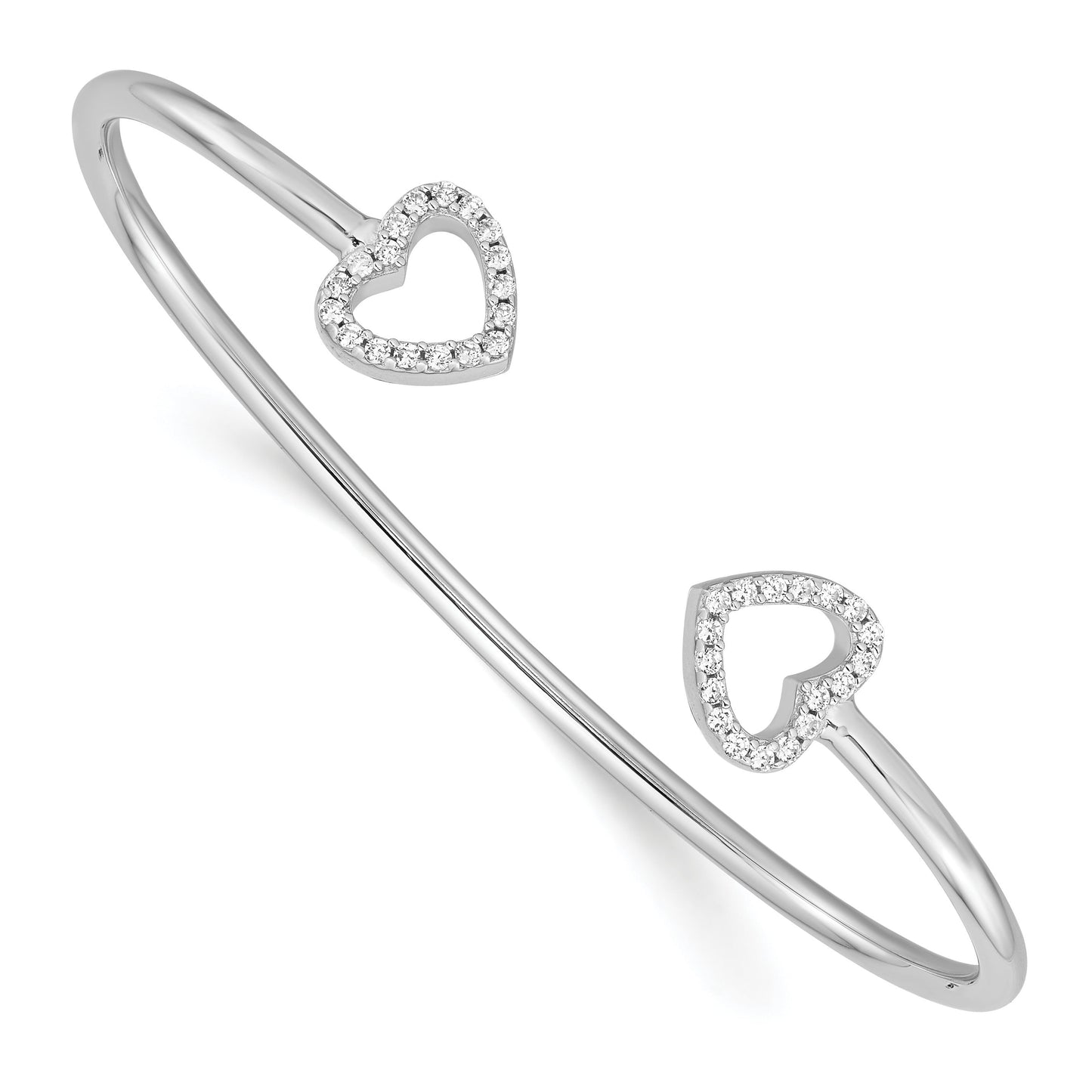 Round White Cubic Zirconia Prong Sterling Silver Two Heart Open Cuff Slip-On Bangle Bracelet
