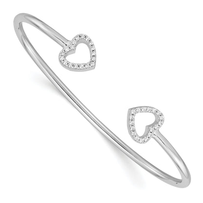 Round White Cubic Zirconia Prong Sterling Silver Two Heart Open Cuff Slip-On Bangle Bracelet