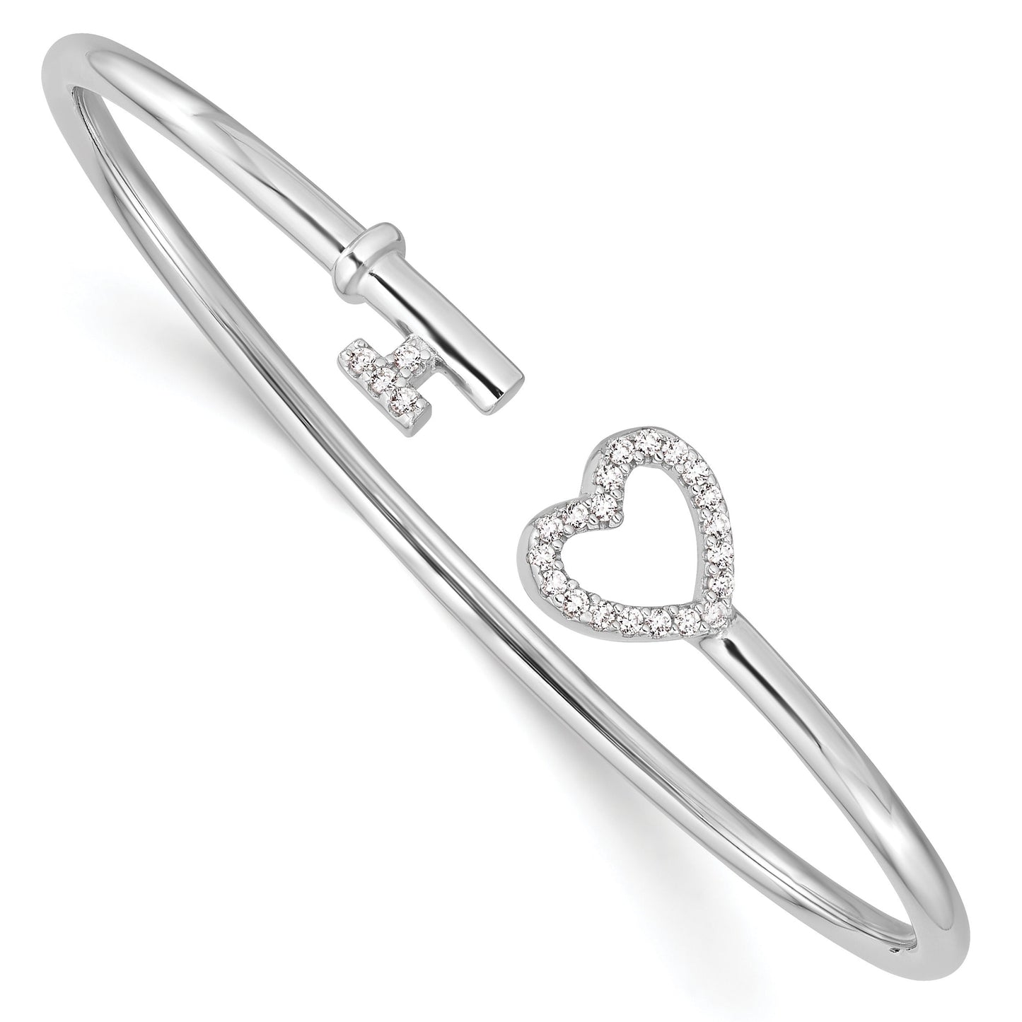 Round White Cubic Zirconia Prong Sterling Silver Heart and Key Flexible Slip-On Bangle Bracelet