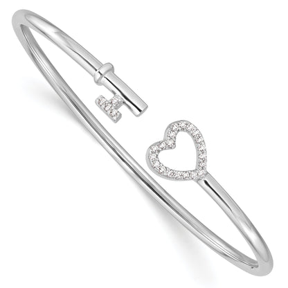 Round White Cubic Zirconia Prong Sterling Silver Heart and Key Flexible Slip-On Bangle Bracelet
