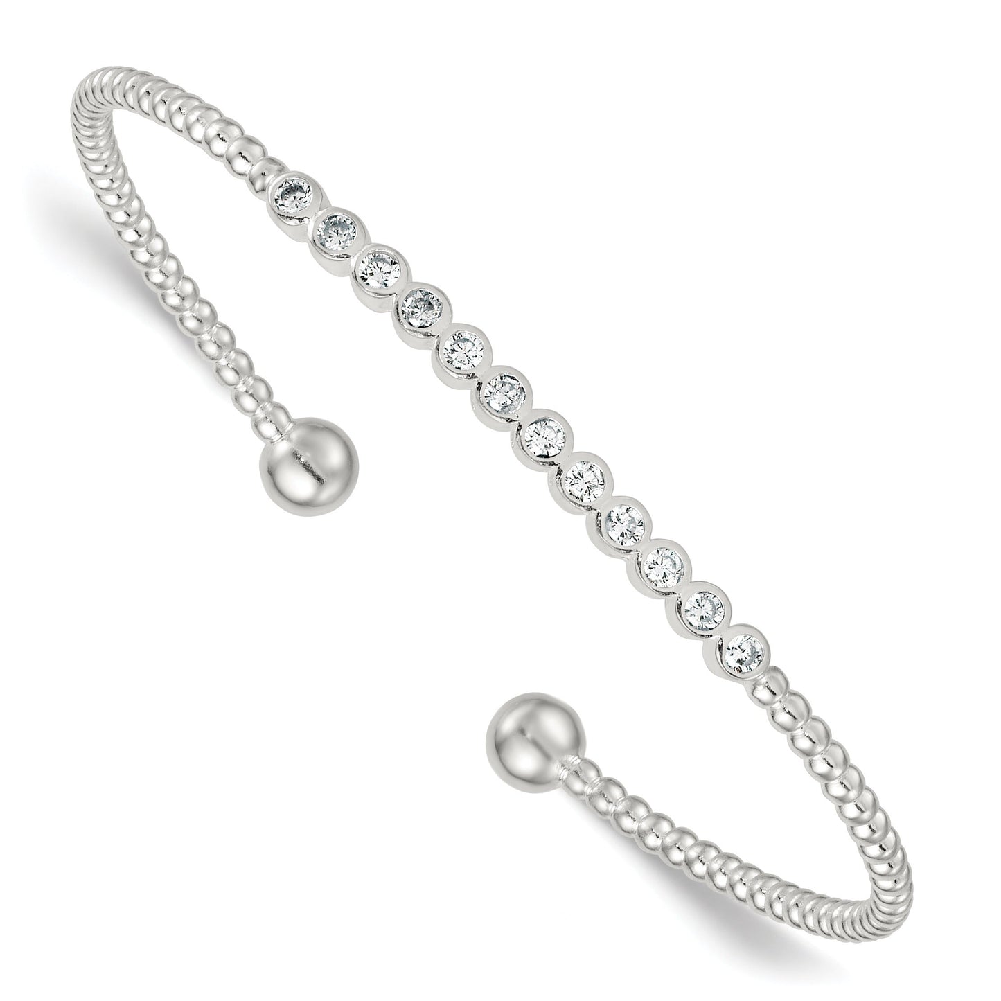 Silver Beaded Bezel Set CZ Bar Cuff Bangle Bracelet