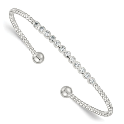 Silver Beaded Bezel Set CZ Bar Cuff Bangle Bracelet