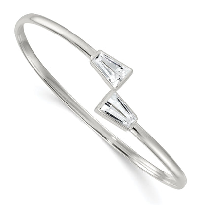 Tapered Baguette White Cubic Zirconia Bezel Sterling Silver Open Bypass Slip-On Bangle Bracelet
