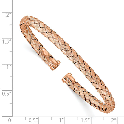 Rose Gold over Sterling Silver Textured Woven Open Slip-On Adjustable Bangle Bracelet
