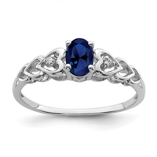 0.60 Ct Oval Blue Created Sapphire & Diamond Prong Rhodium-Plated Silver Heart Band Ring