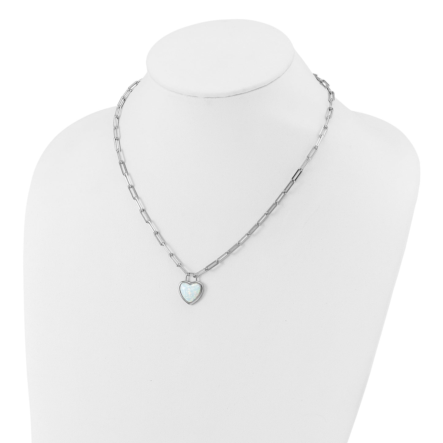 Sterling Silver Created Opal Heart Paperclip Link Necklace